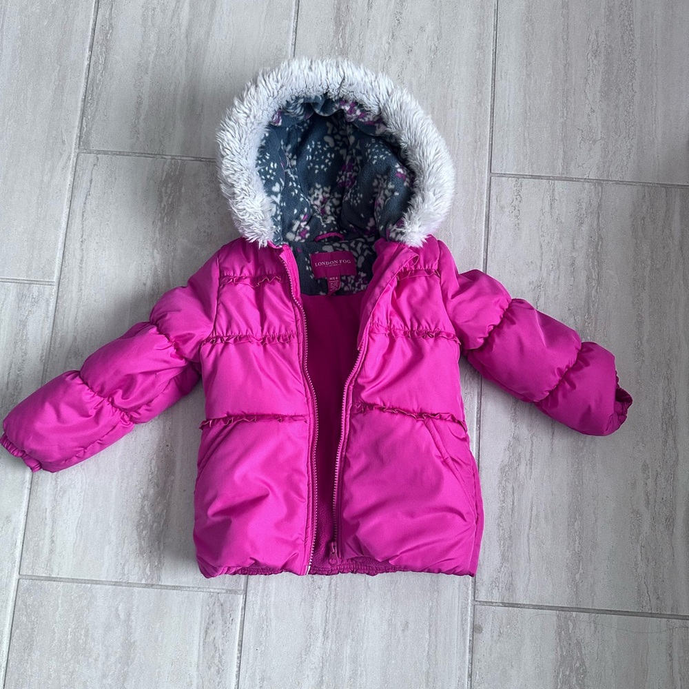 London Fog Pink Puffer Jacket with Faux Fur Hood